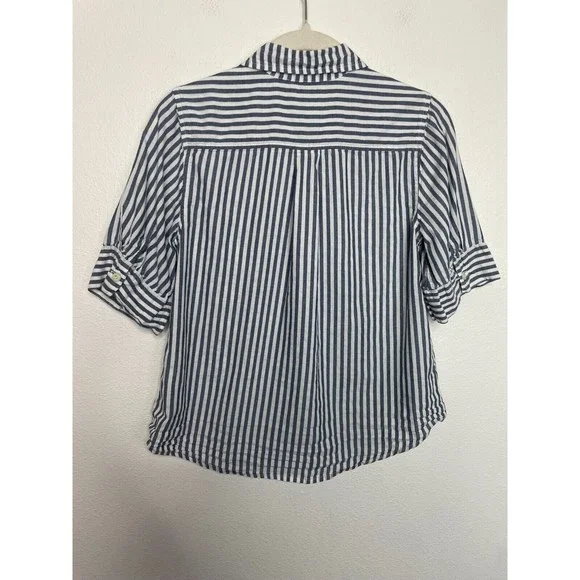 J.Crew XS Chambray Stripe Button Up Shirt Short Sleeve V-Neck Cotton Classicore - Picture 14 of 15